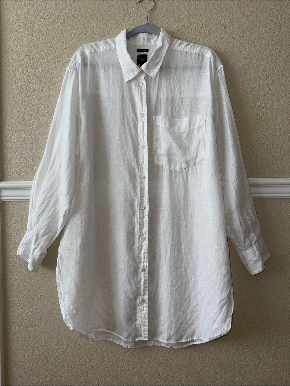 LIKE NEW GAP 100% Linen Weekend Tunic Longline Button Down Crisp White Coastal L